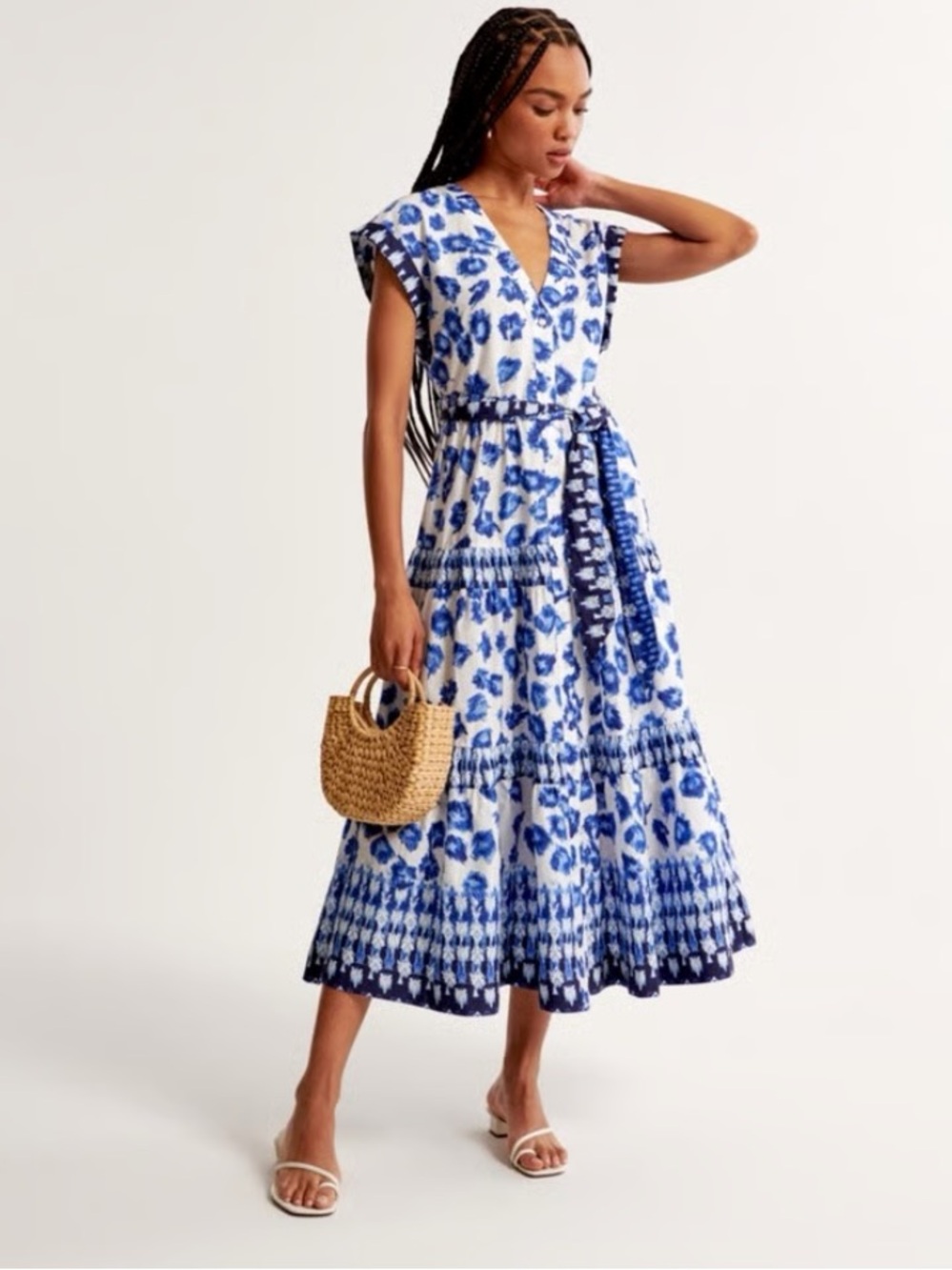Abercrombie & Fitch Tie-Waist Tiered Maxi Dress Blue White Floral Size MT